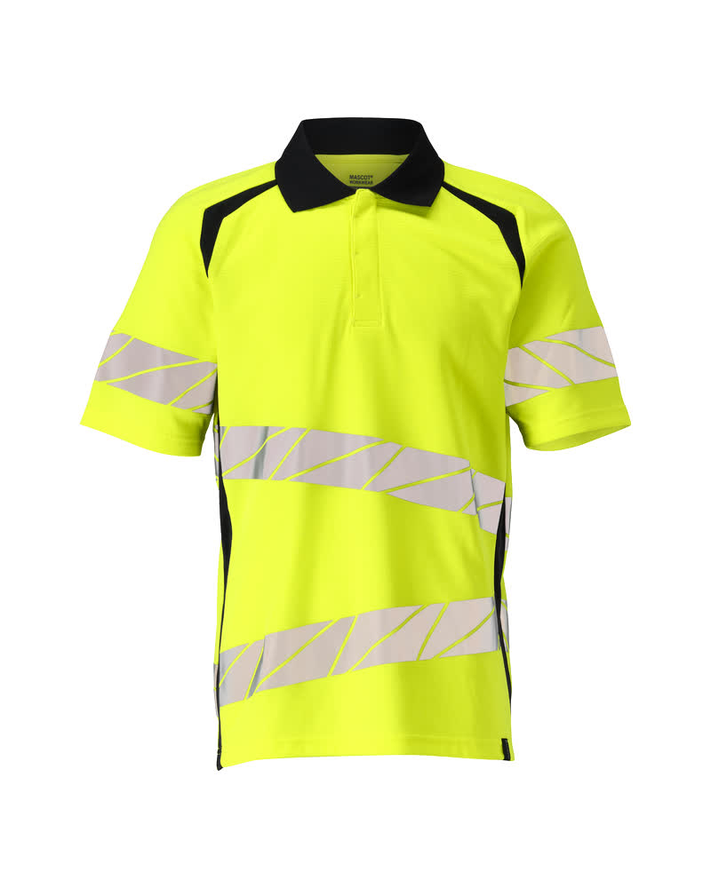 MASCOT® ACCELERATE SAFE Polo-Shirt in fluoreszierendem Gelb mit schwarzen Einsätzen und breiten reflektierenden Streifen, zweifarbige Warnschutzbekleidung für hohe Sichtbarkeit in Größe 2XL