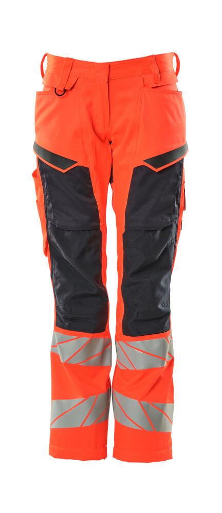 Warnschutzhose MASCOT® ACCELERATE SAFE in Hi-vis Rot/Schwarzblau mit Knietaschen, reflektierenden Streifen und ergonomischer Damenpassform, Größe 76C34