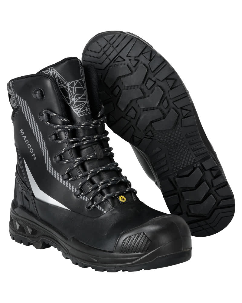Schwarzer MASCOT® FOOTWEAR INDUSTRY Sicherheitsstiefel mit Schnürverschluss, flammhemmendem Obermaterial, Komposit-Zehenschutzkappe und rutschfester, bis 300 °C hitzebeständiger Gummilaufsohle