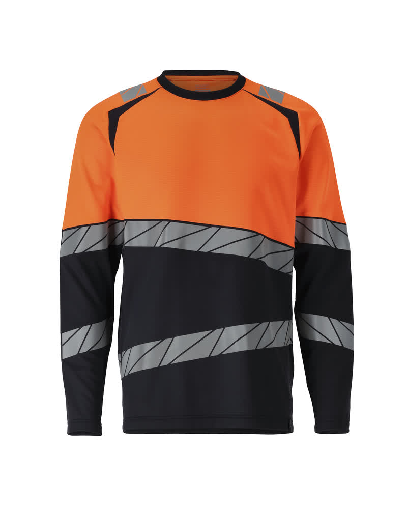 MASCOT® ACCELERATE SAFE Langarmshirt in Schwarzblau/Hi-vis Orange mit elastischen Reflexstreifen, moderner Passform und strapazierfähigem Polyester-Baumwoll-Mix für Warnschutz und Komfort