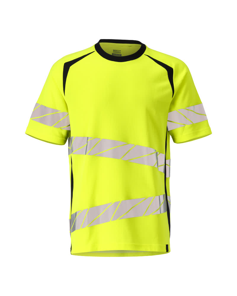 MASCOT® ACCELERATE SAFE T-Shirt, zweifarbige Warnschutzbekleidung in Hi-Vis Gelb/Schwarzblau mit reflektierenden Streifen, Größe 2XL, Vorderansicht