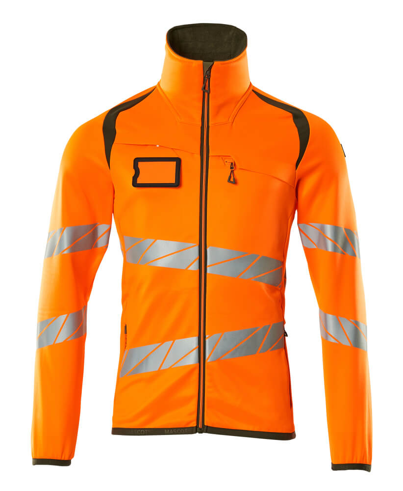 MASCOT® ACCELERATE SAFE Fleecejacke in Hi-Vis Orange/Moosgrün, Größe 2XL, zweifarbige Warnschutz-Fleecejacke mit reflektierenden Streifen vorne