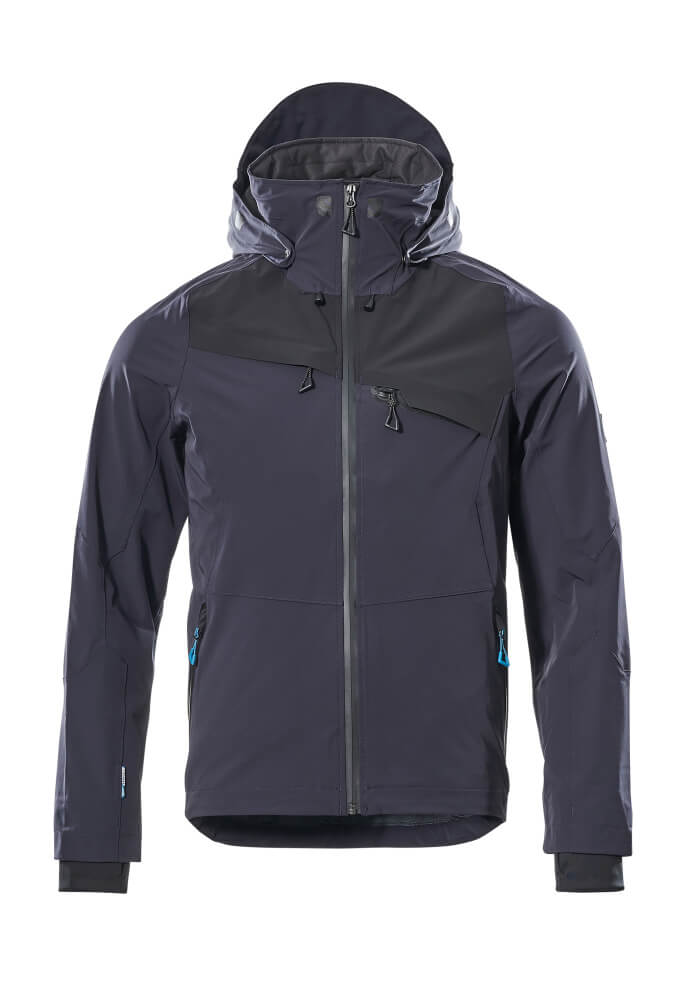 MASCOT® ADVANCED Hardshelljacke in Schwarzblau/Schwarz, wasserdichte Stretch-Arbeitsjacke mit abnehmbarer Kapuze, Reißverschlusstaschen und hoher Bewegungsfreiheit