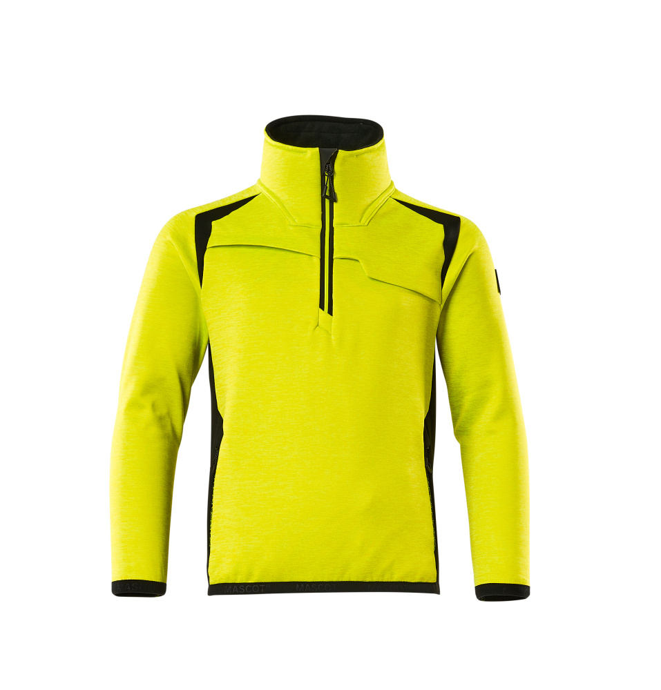 Leuchtgelbe MASCOT® ACCELERATE SAFE Fleecejacke für Kinder in Gelb/Schwarz mit kurzem Reißverschluss am Hals, Reißverschlusstaschen, Gummizug an Ärmeln und Saum sowie Reflexeffekten für bessere Sichtbarkeit