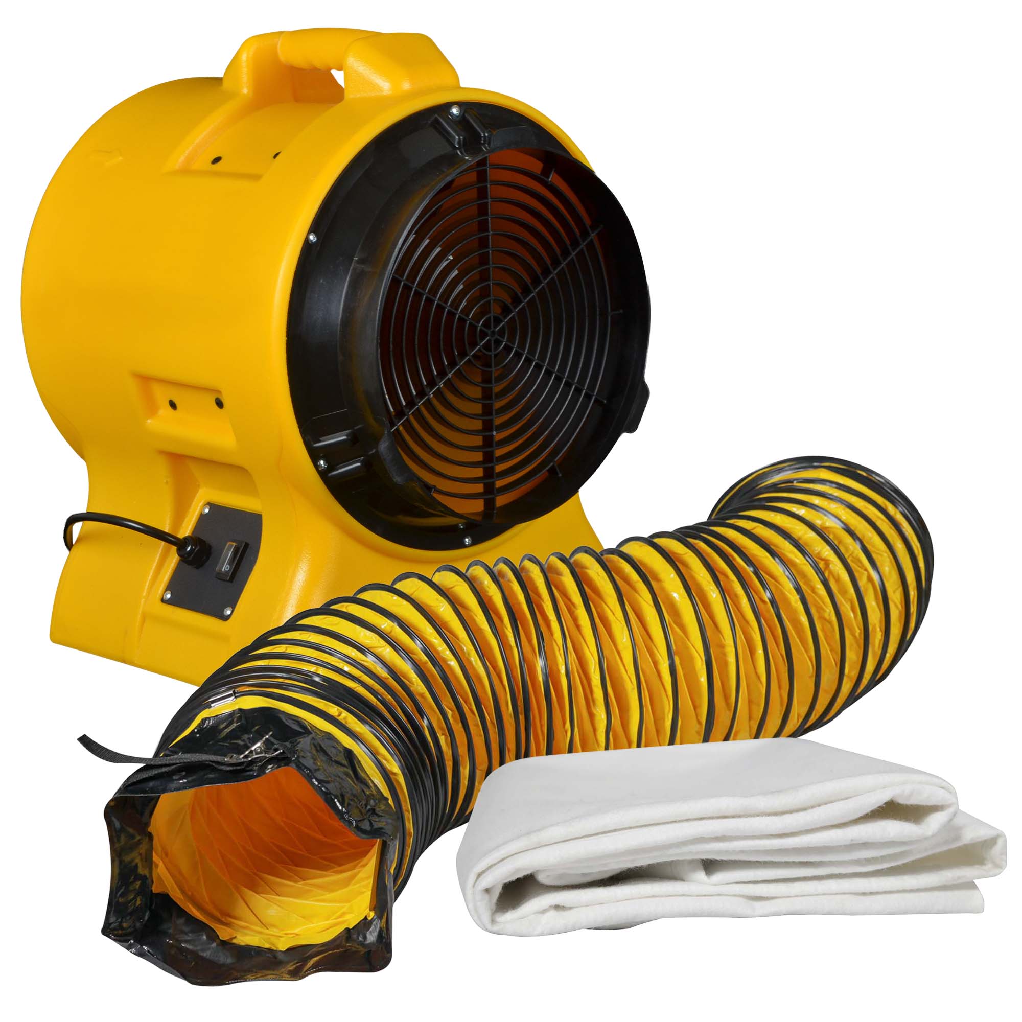 Zero Dust Axiallüfter Staubabsaugung S6800, gelber Turbo-Ventilator mit schwarzem Schutzgitter, flexiblem Ansaugschlauch und Staubfangsack für effiziente Baustaub-Filterung