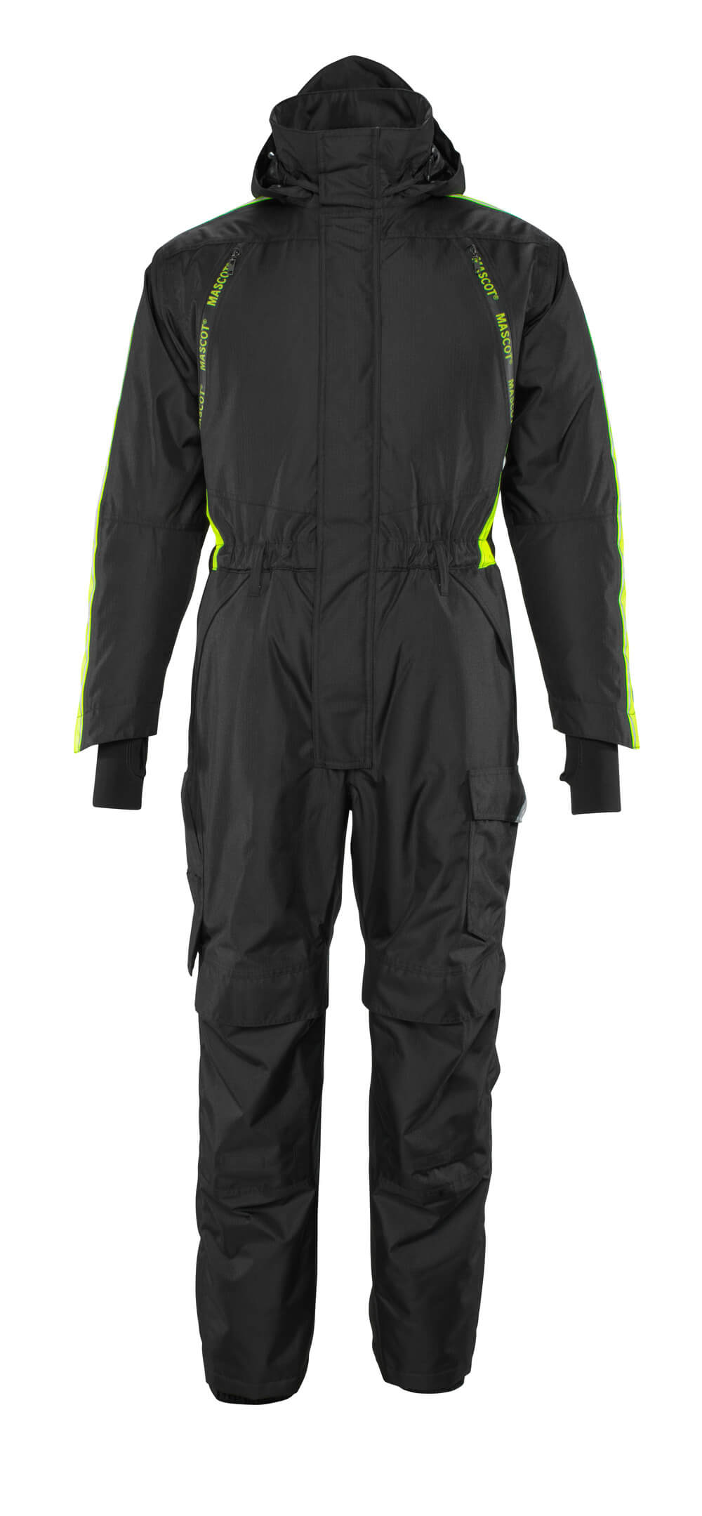 MASCOT® HARDWEAR Winteroverall in Schwarz/Hi-vis Gelb mit abnehmbarer Kapuze, getapten Nähten, Steppfutter und ergonomischem Schnitt für Winterarbeit